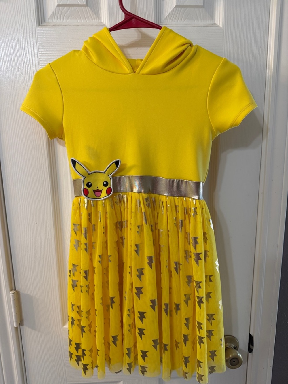 Yellow Pikachu Hooded Girls Dress with Silver Trim